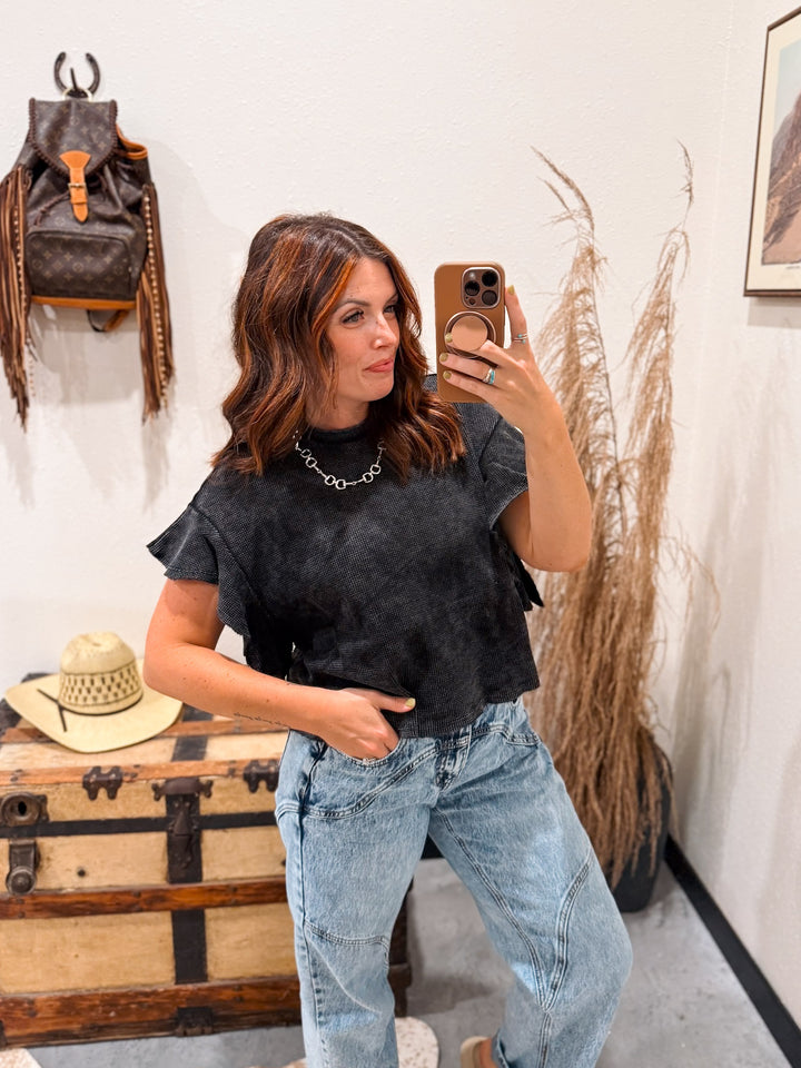 Charleston Waffle Knit Top: Black