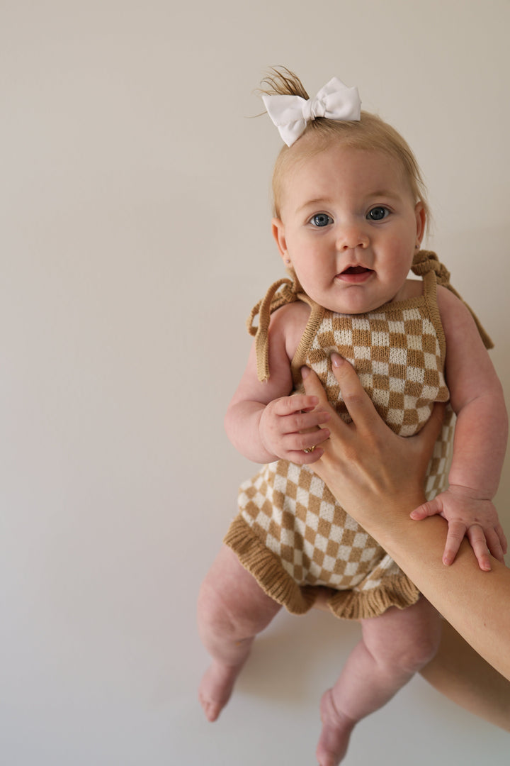Knit Ruffle Romper | Latte Check