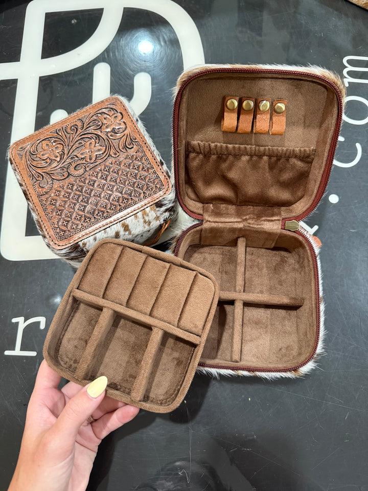 Cowhide & Tooled Leather Jewelry Box: Floral Gates