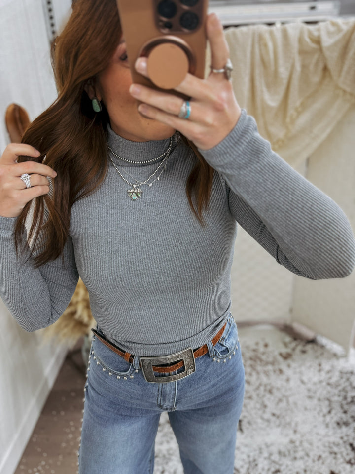 Ribbed Long Sleeve Top: Grey