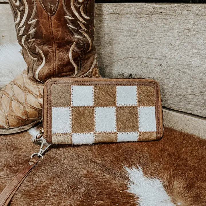 Checkered Cowhide Wristlet Wallet