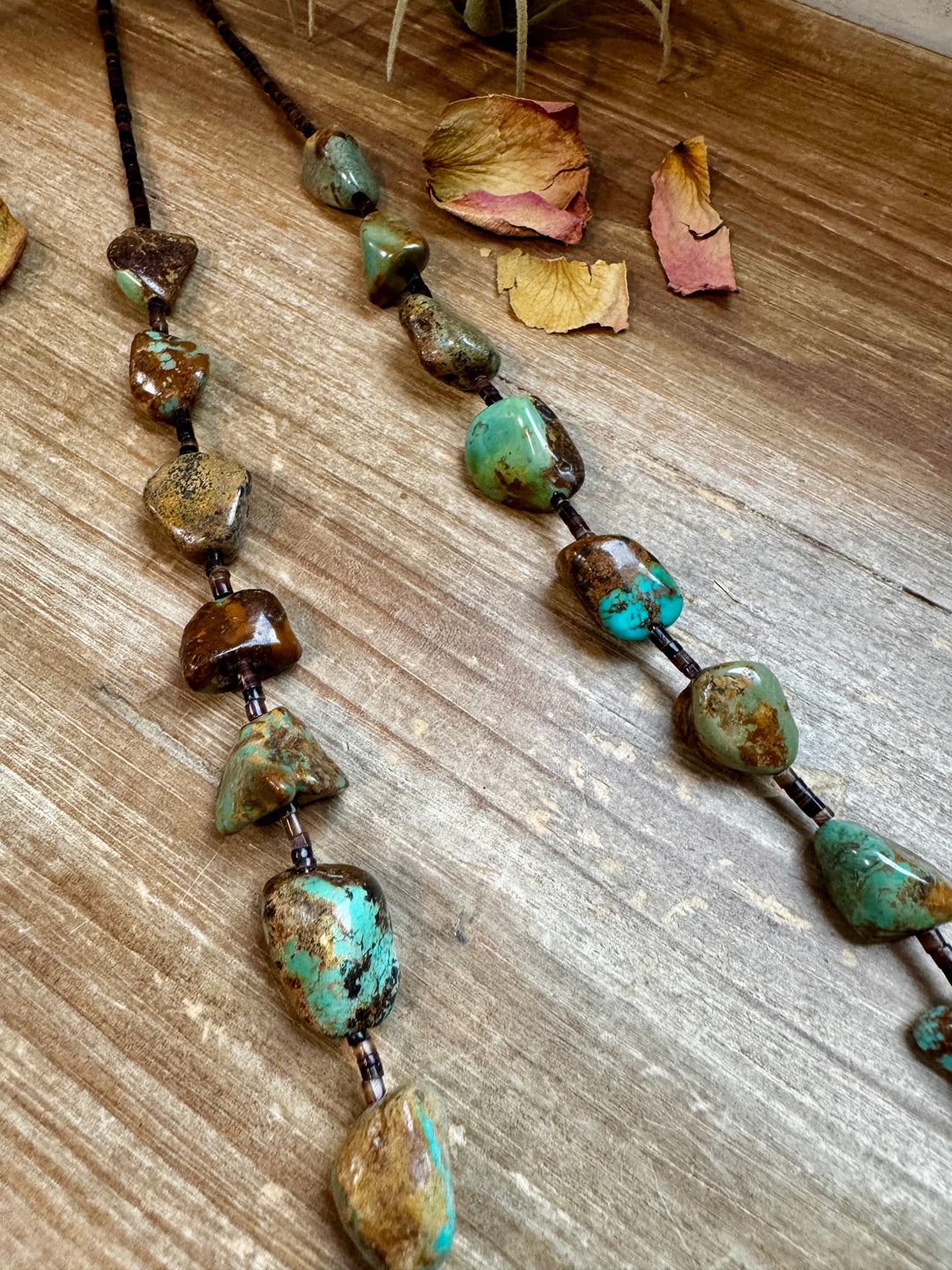 Turquoise Nugget & Brown Shell Necklace - 34”