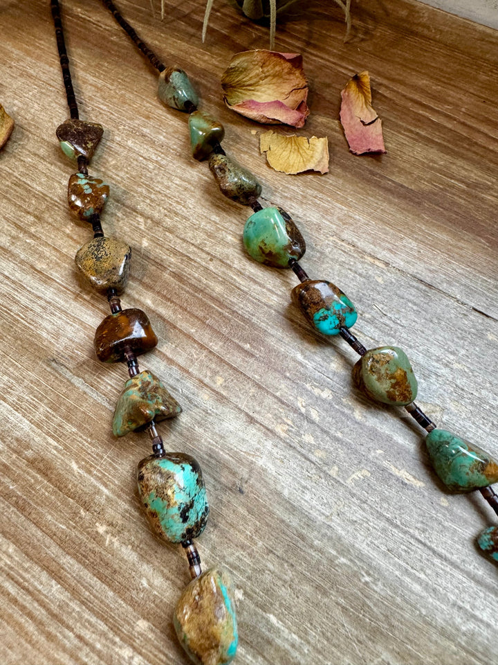 Turquoise Nugget & Brown Shell Necklace - 34”
