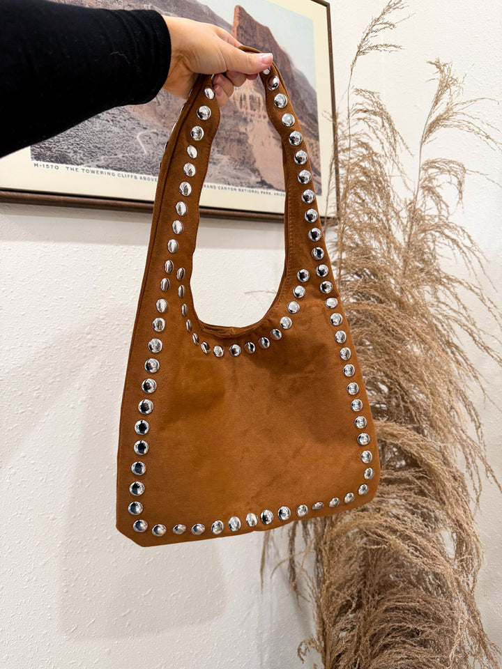 Stud Suede Shoulder Bag: Camel