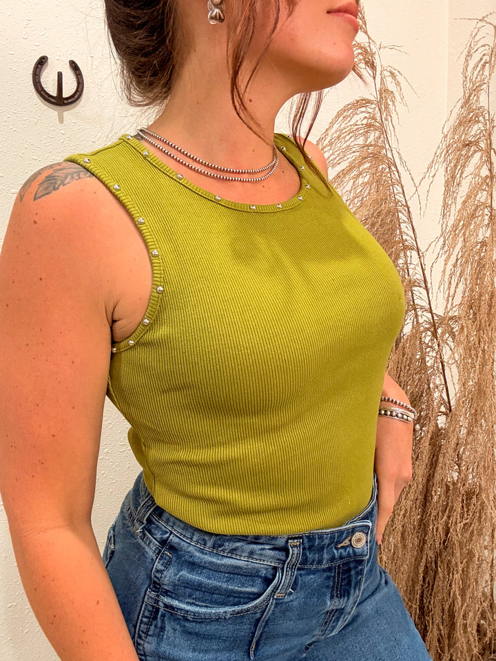 Stud Ribbed Tank: Olive