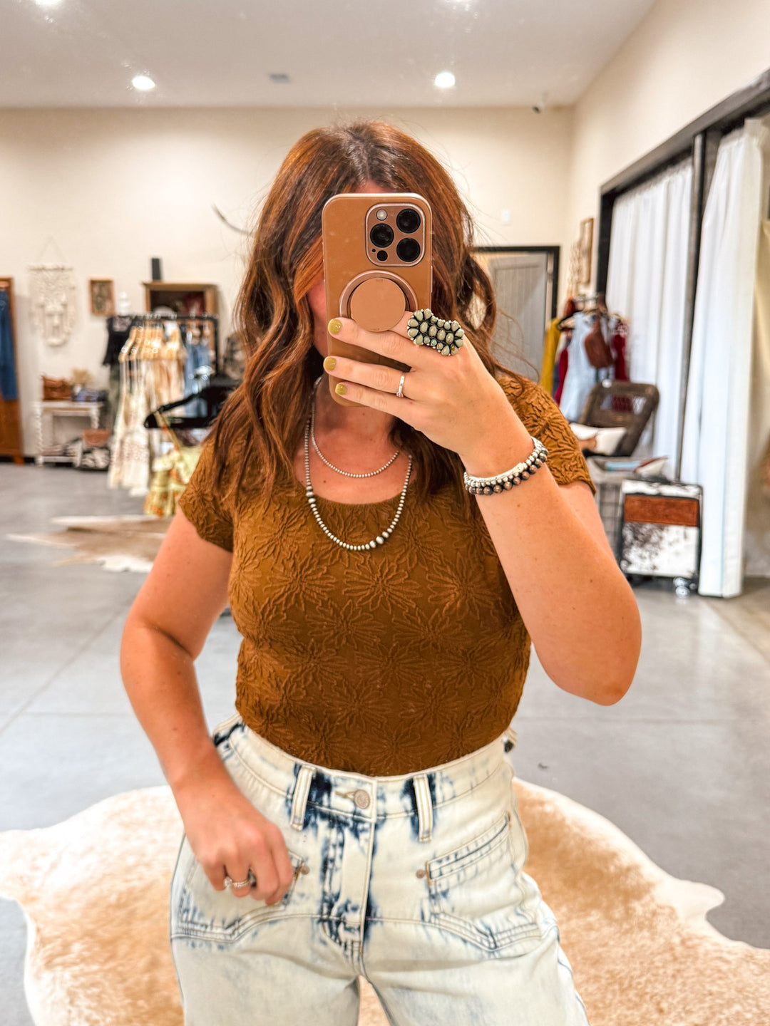 Floral Jacquard Seamless Top: Brown