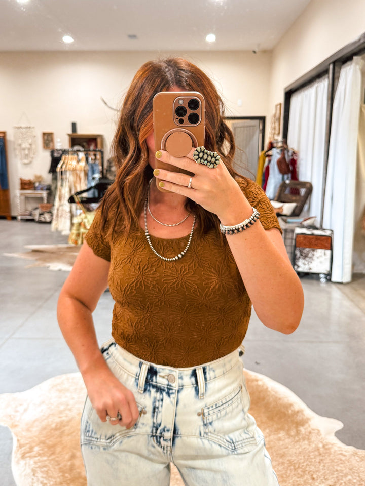 Floral Jacquard Seamless Top: Brown