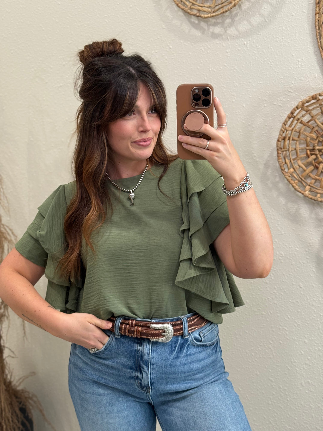 Sabrina Ruffle Blouse: Olive