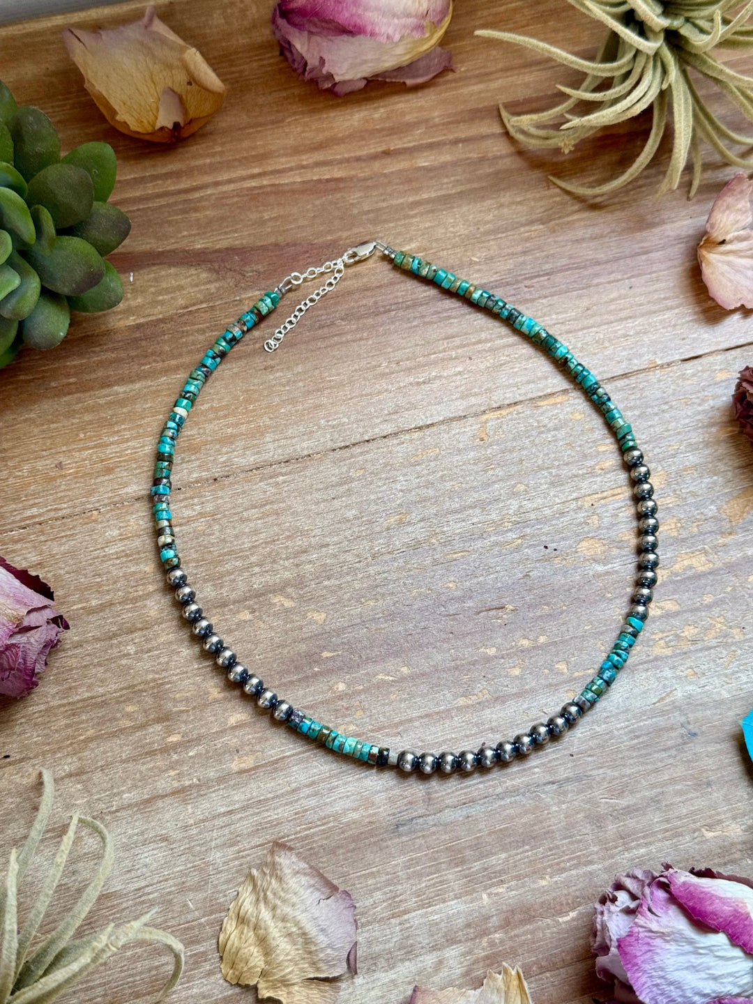 15” Heishi Turquoise Necklace – 4mm Turquoise & 5mm Sterling Silver Pearls