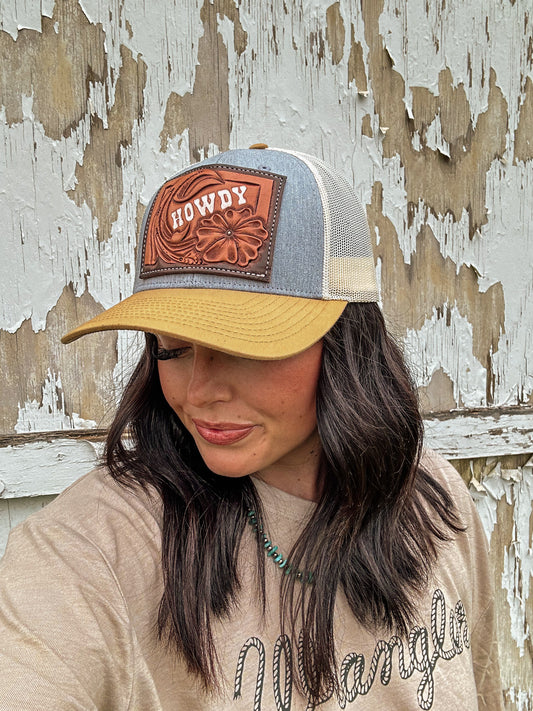 HOWDY Tooled Hat: Denim/Mustard