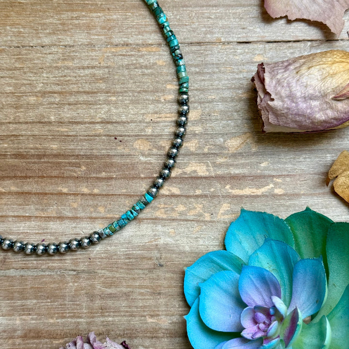 15” Heishi Turquoise Necklace – 4mm Turquoise & 5mm Sterling Silver Pearls
