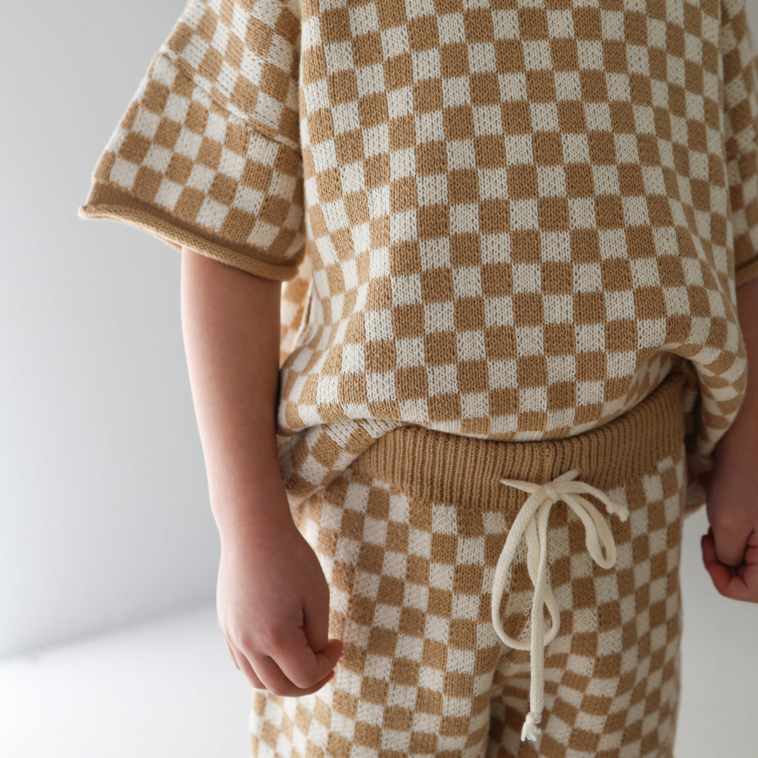 Knit Short Set | Latte Check