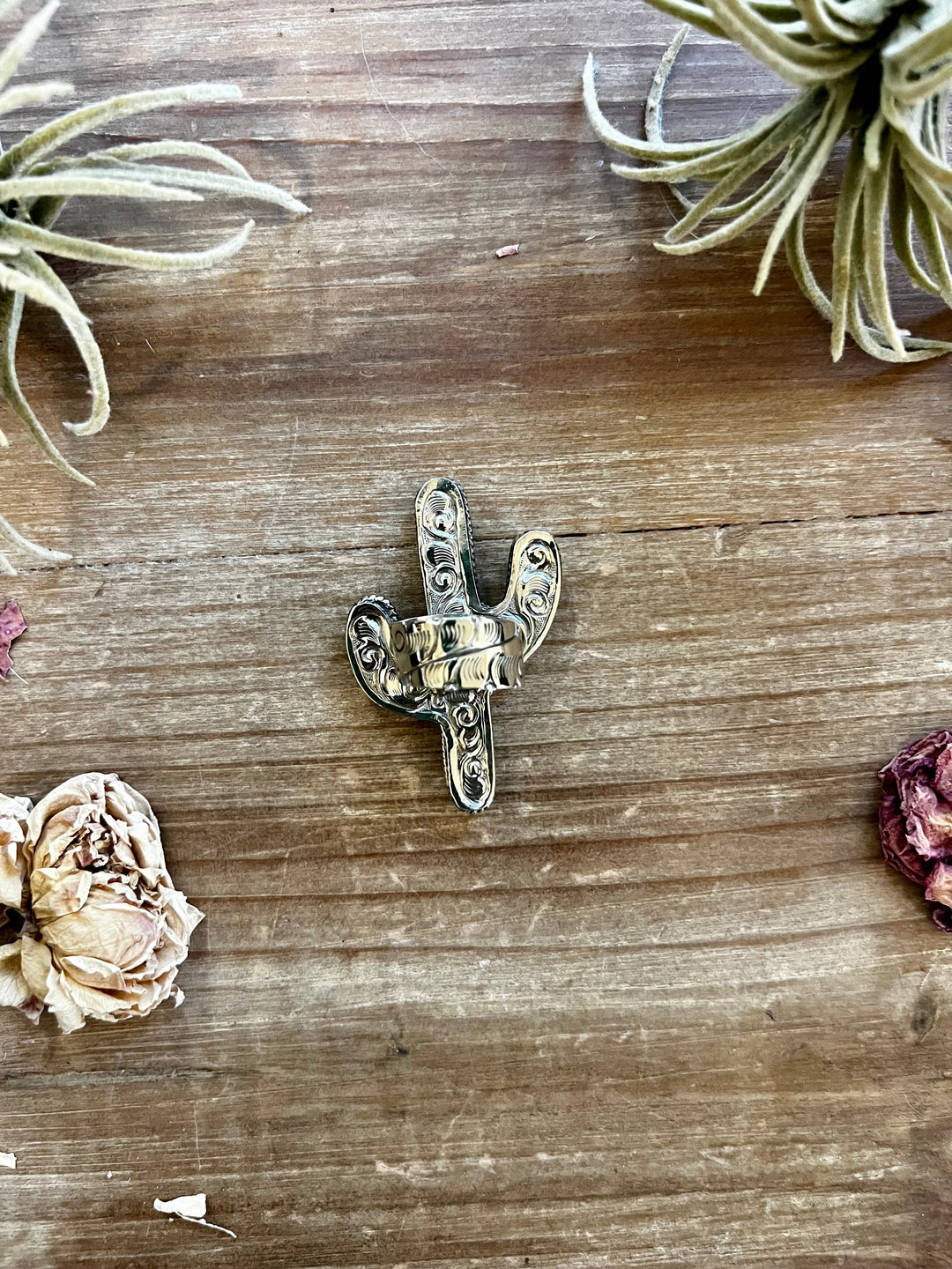 Blue Turquoise Cactus Ring - Adjustable - Brass silver