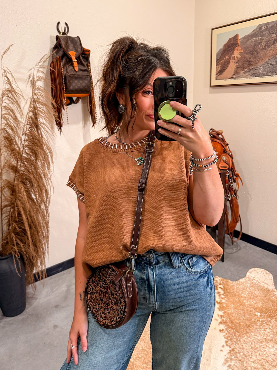 Whip Stitch Knit Top: Camel