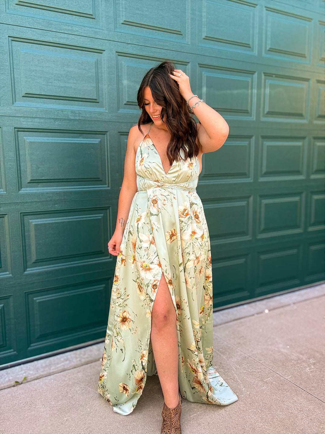 Sedona Backless Halter Maxi Dress: Sage