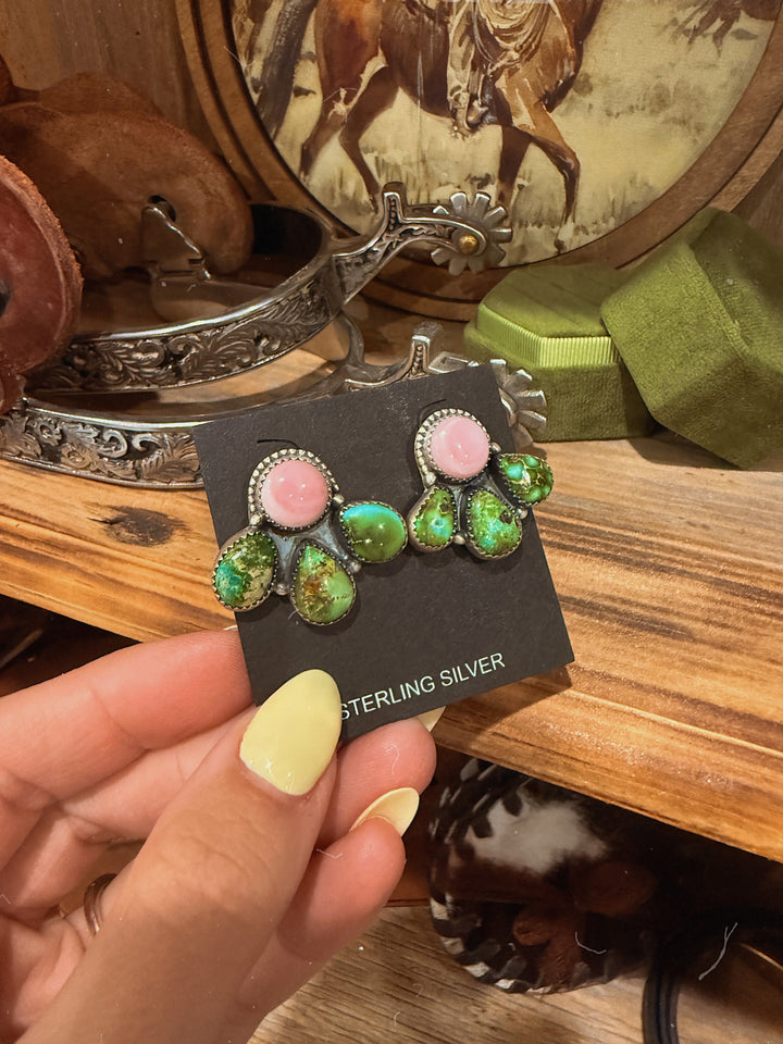 Sonoran Gold & Pink Conch Turquoise Cluster Earrings