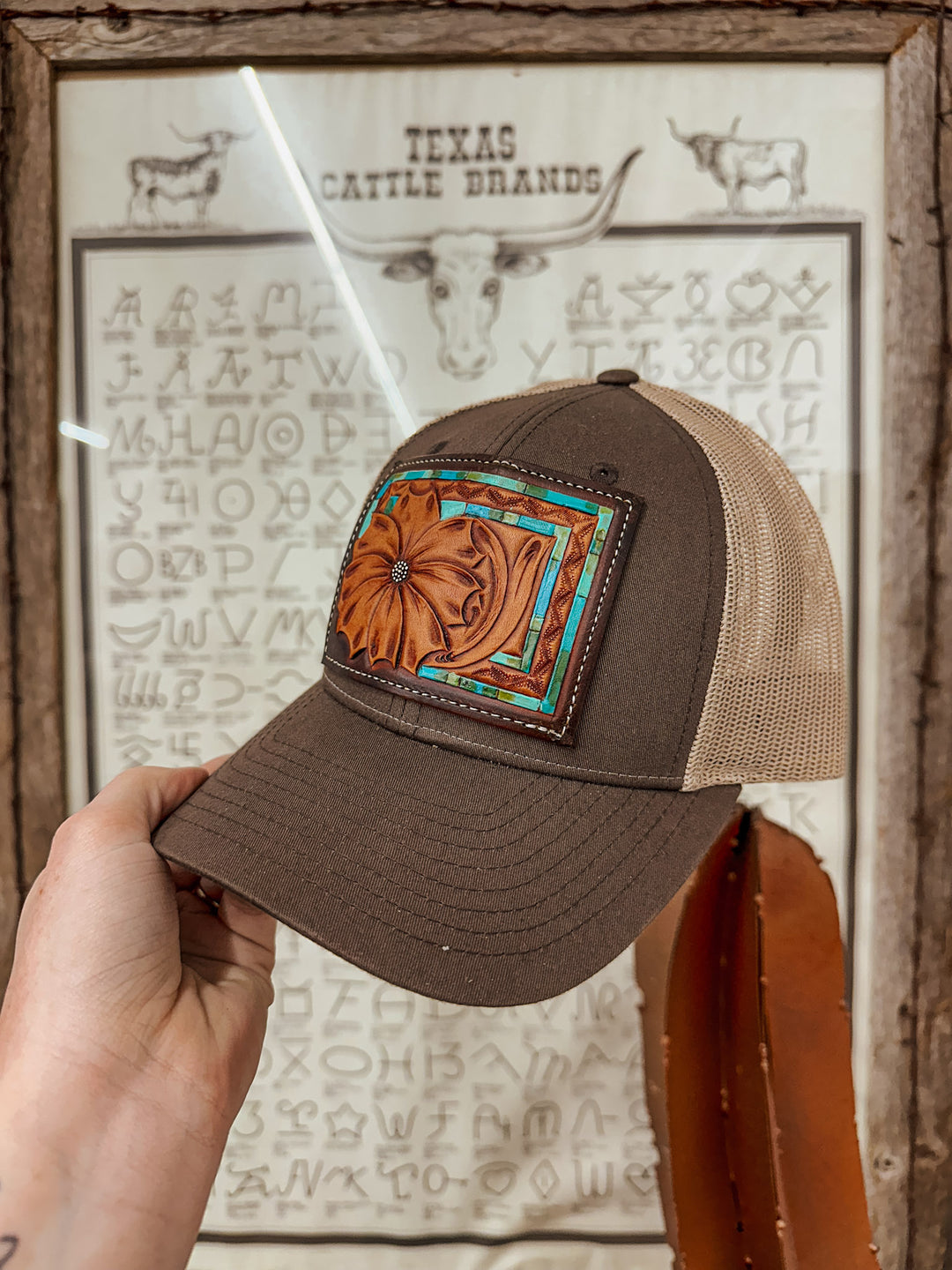 Turq Trail Tooled Hat: Brown/Tan