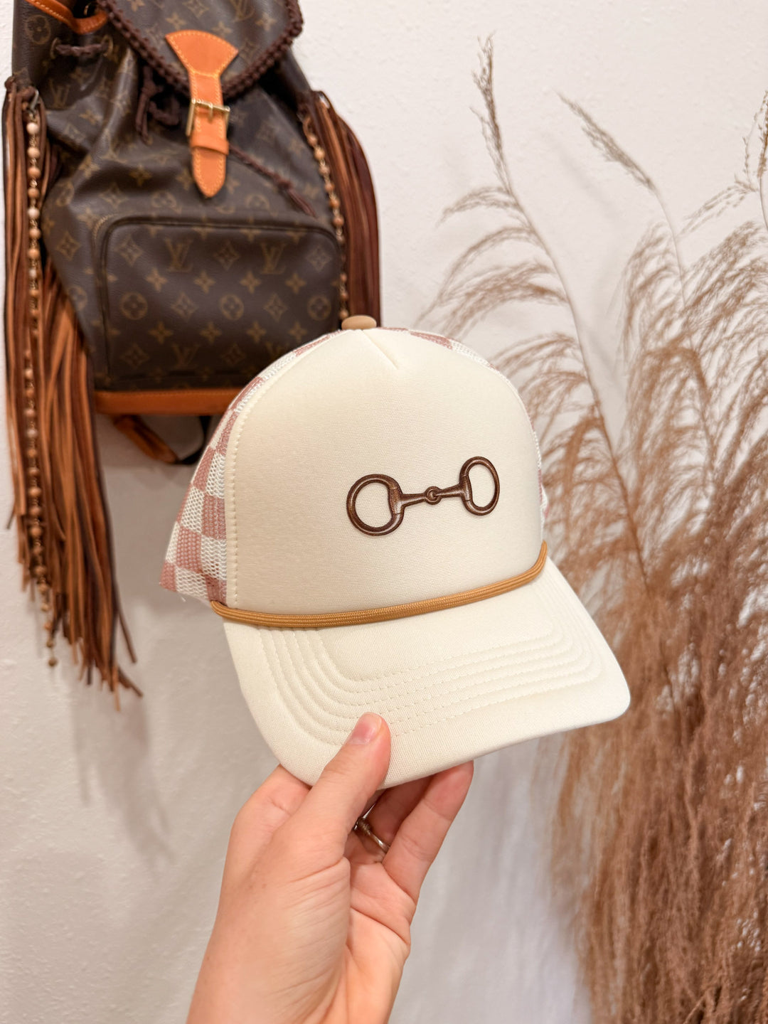 Copper Bit Trucker Hat: Cream Checkered
