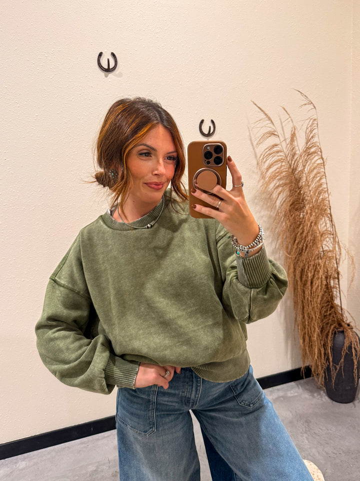 Core Washed Pullover: Light Olive