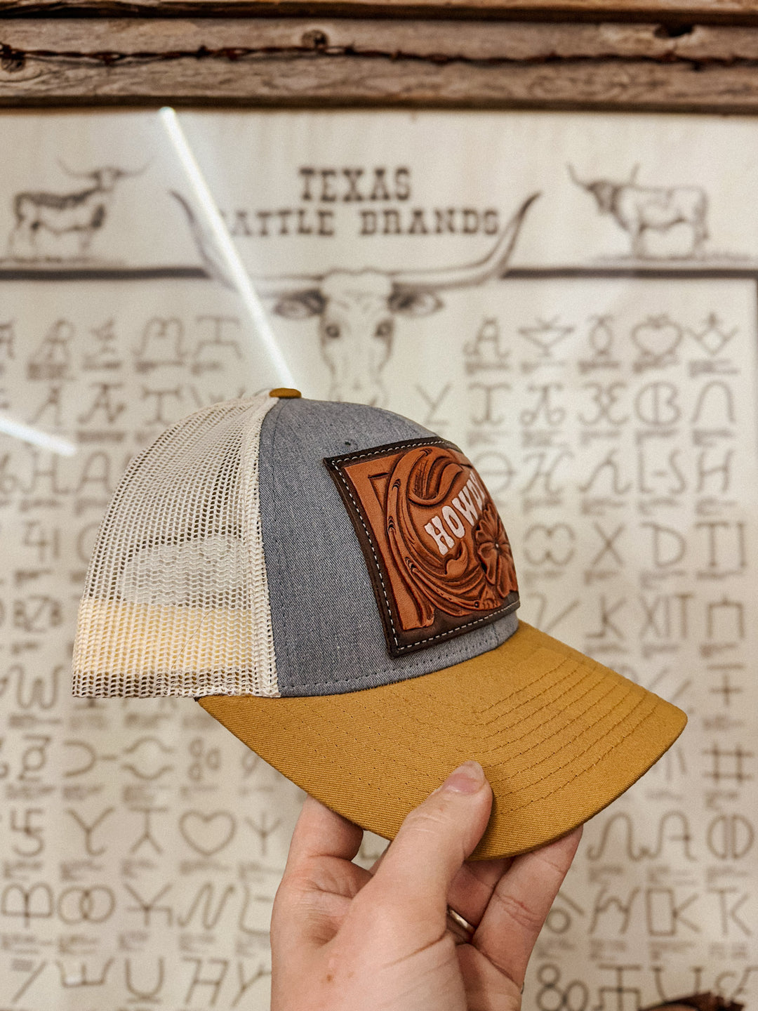 HOWDY Tooled Hat: Denim/Mustard