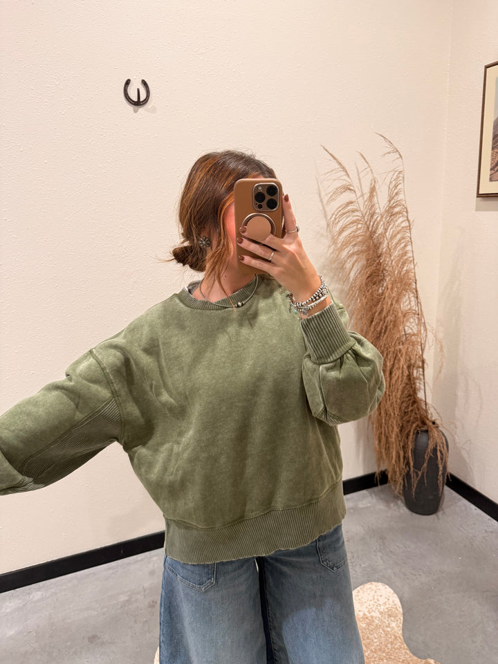 Core Washed Pullover: Light Olive