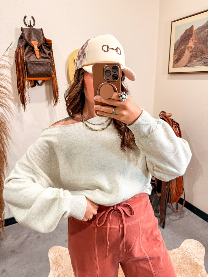 Copper Bit Trucker Hat: Cream Checkered