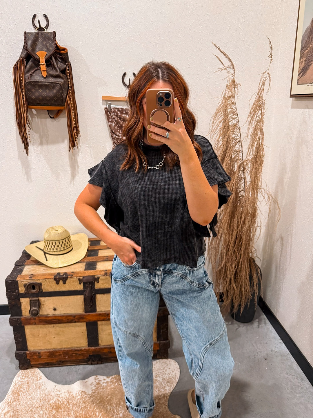 Charleston Waffle Knit Top: Black