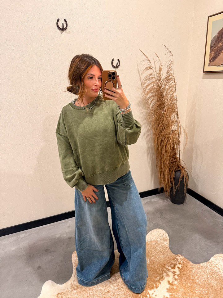 Core Washed Pullover: Light Olive