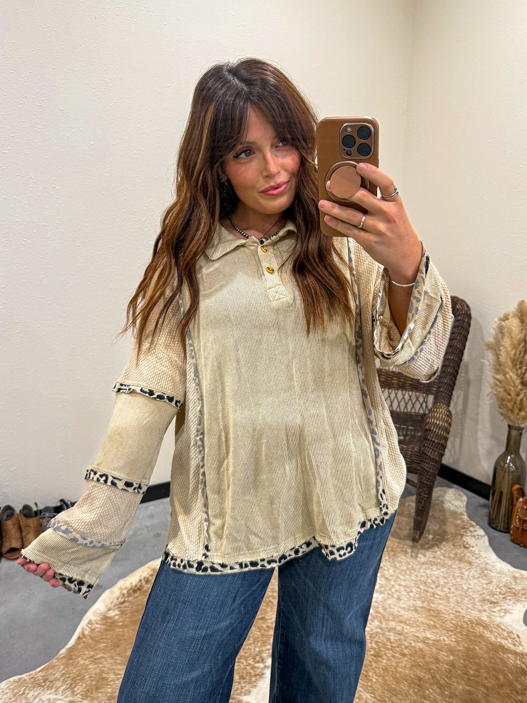 Leopard Trim Pullover