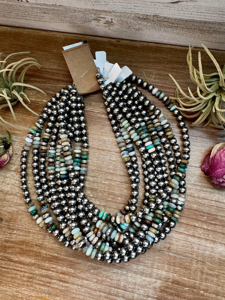 Peruvian Opal & Silver Pearl Necklace - 8mm - 18"