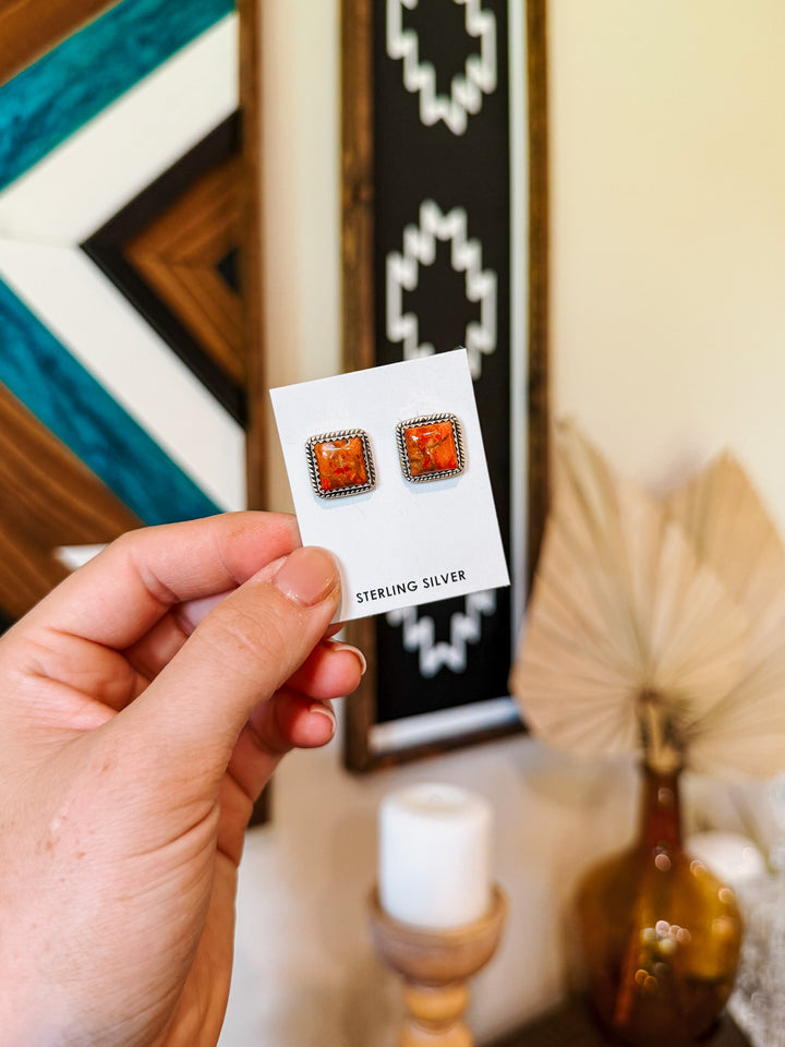 Spiny Oyster Square Stone Earrings