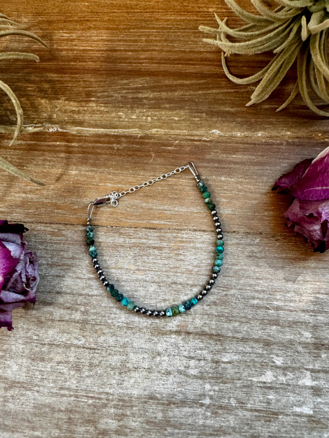 African Turquoise & Sterling Silver Pearl Bracelet – 3mm