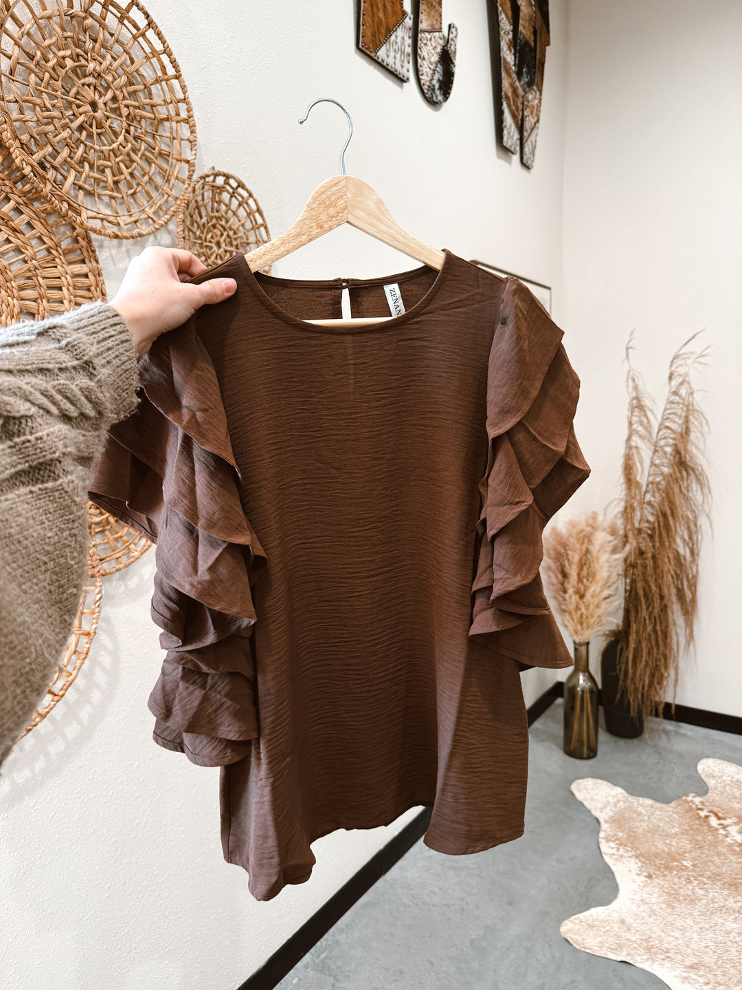 Sabrina Ruffle Blouse: Espresso