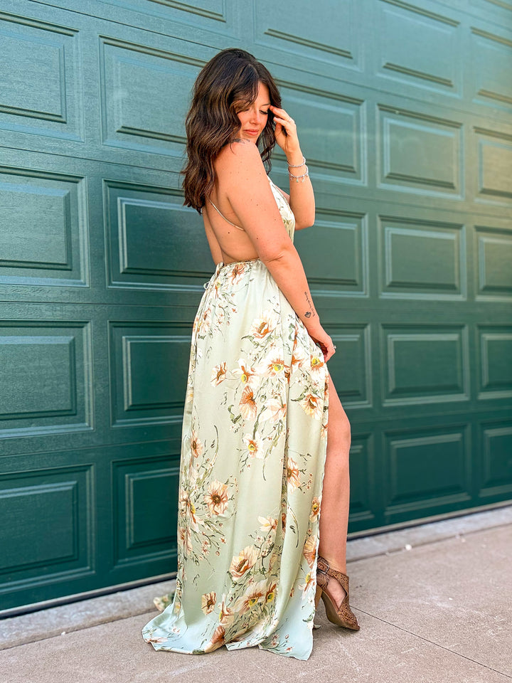 Sedona Backless Halter Maxi Dress: Sage