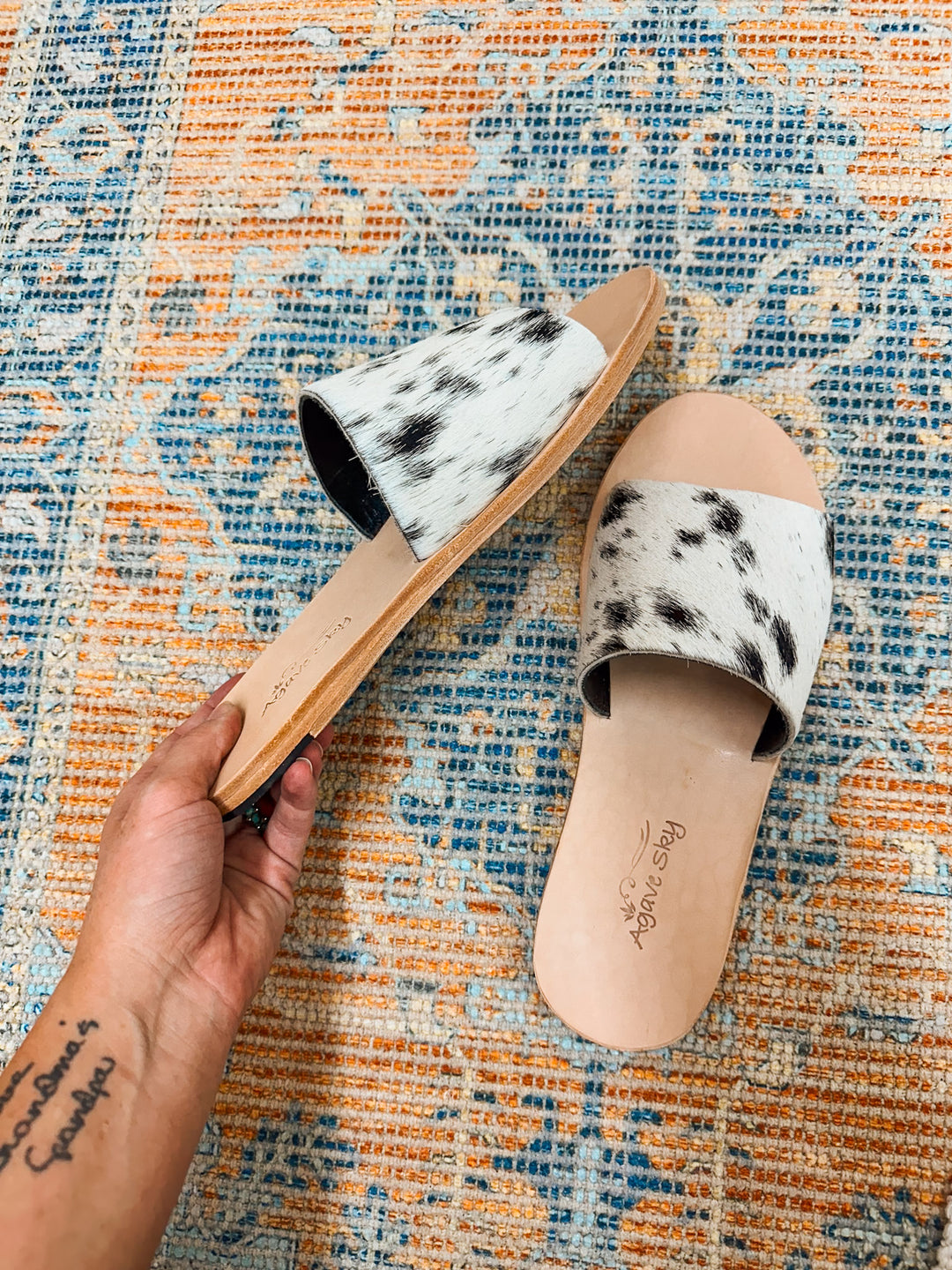 Agave Sky Cowhide Sandals: Salt & Pepper