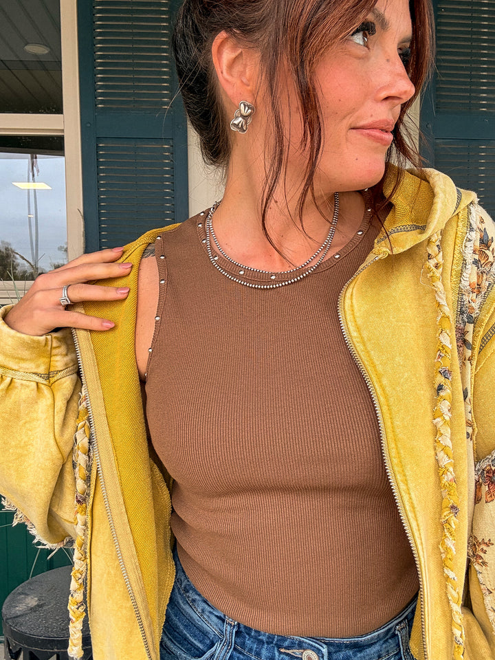 Stud Ribbed Tank: Brown