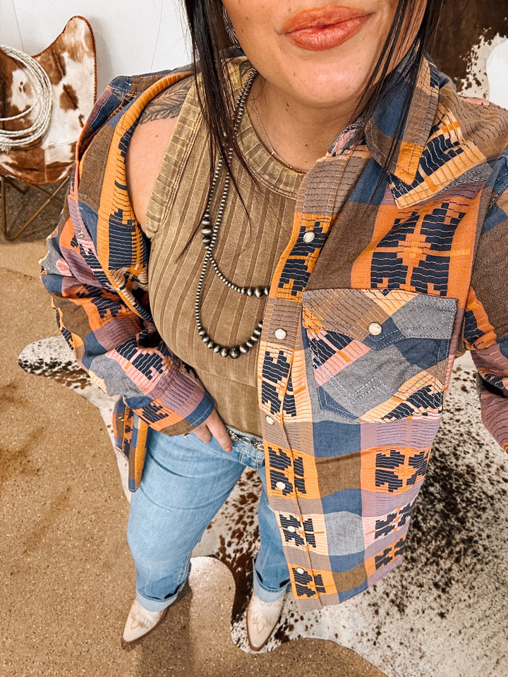 Wrangler: Retro Boyfriend Western Snap Shirt: Indigo Quilt