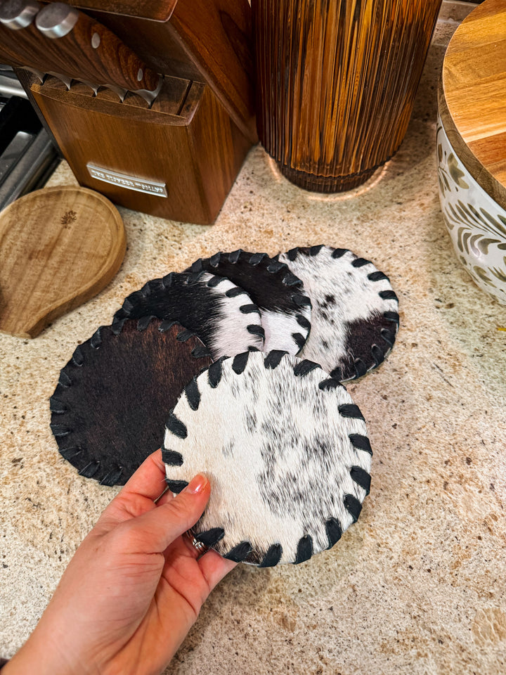 Cowhide Coaster Set: Black