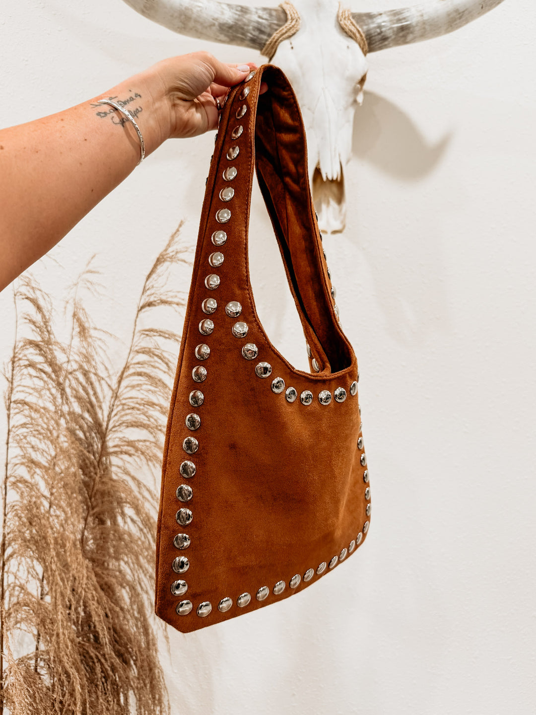 Stud Suede Shoulder Bag: Camel