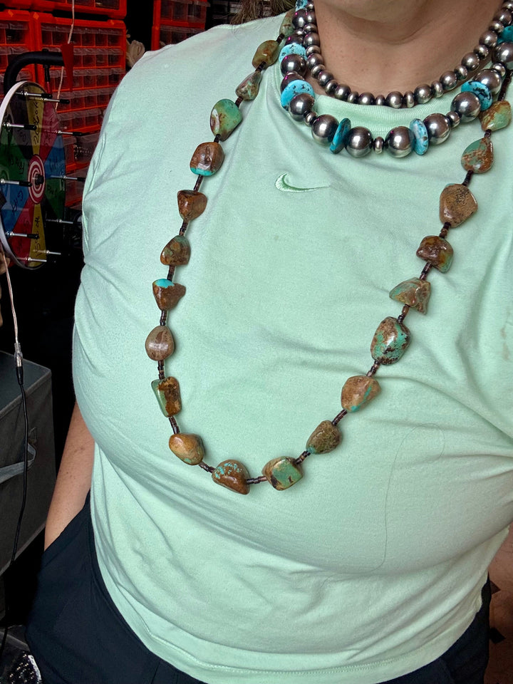Turquoise Nugget & Brown Shell Necklace - 34”