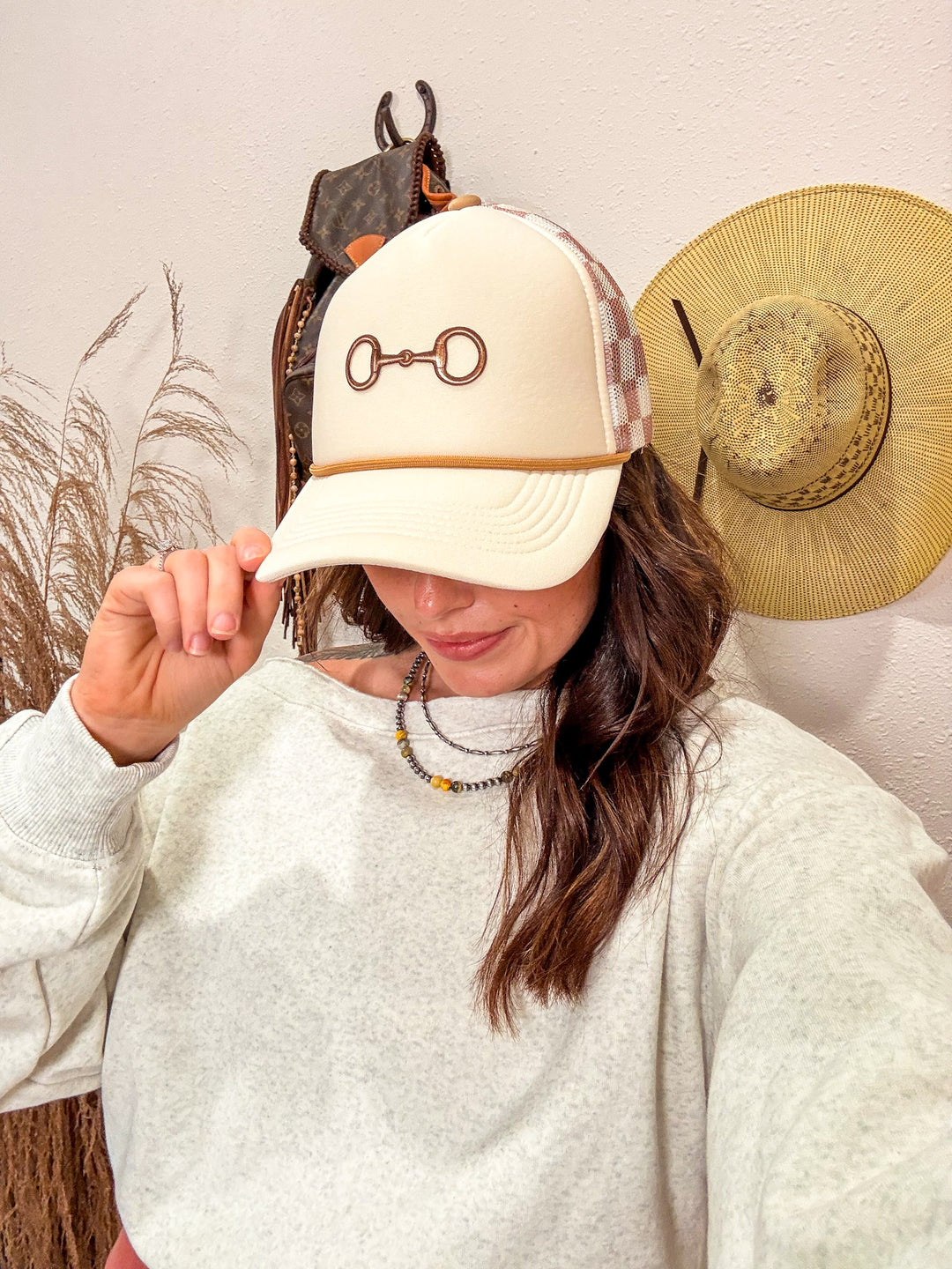 Copper Bit Trucker Hat: Cream Checkered