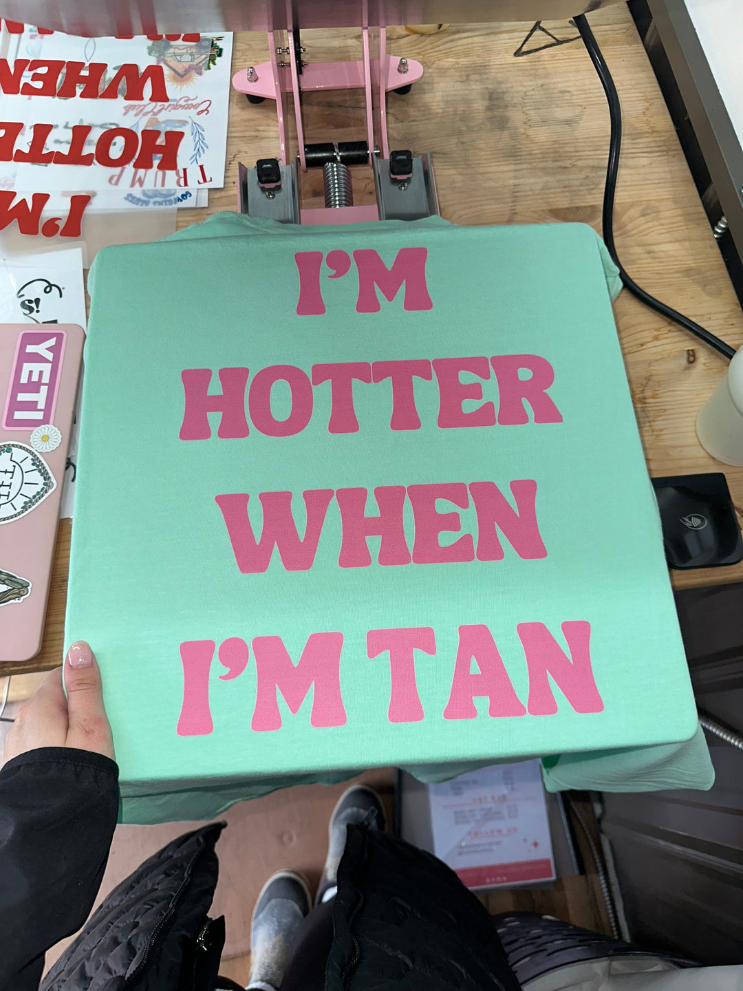 HOTTER WHEN TAN TEE (pink/seafoam)