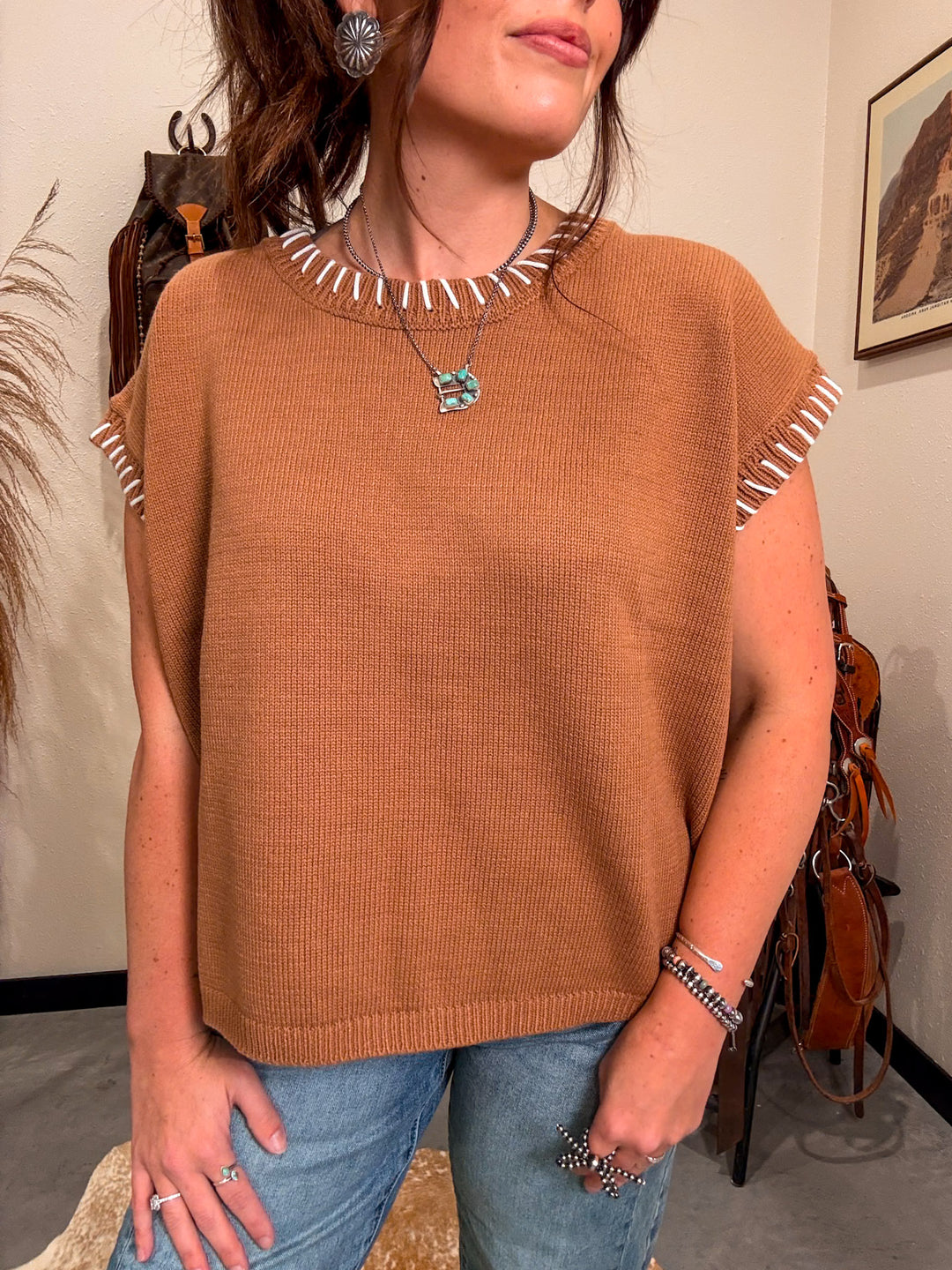Whip Stitch Knit Top: Camel