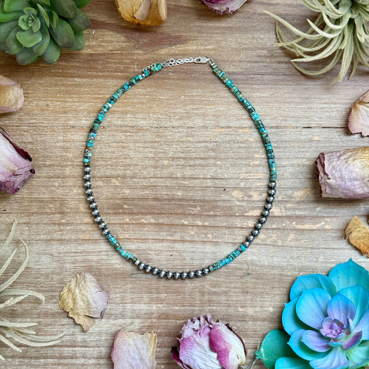 15” Heishi Turquoise Necklace – 4mm Turquoise & 5mm Sterling Silver Pearls