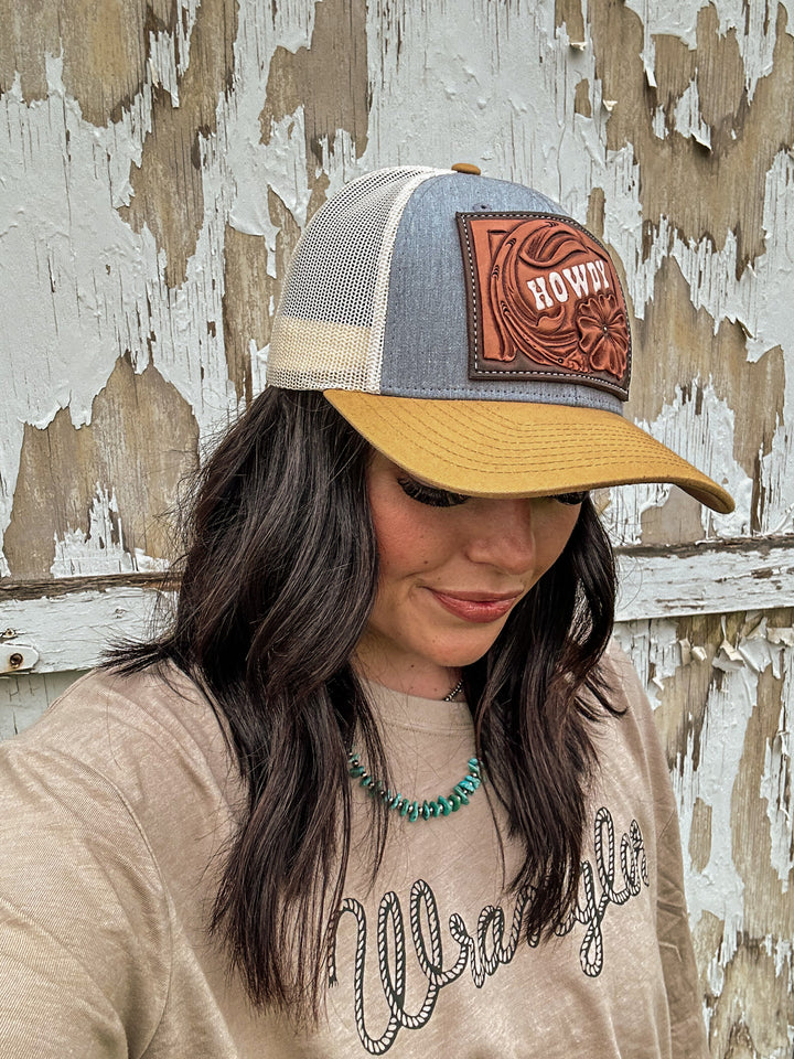 HOWDY Tooled Hat: Denim/Mustard