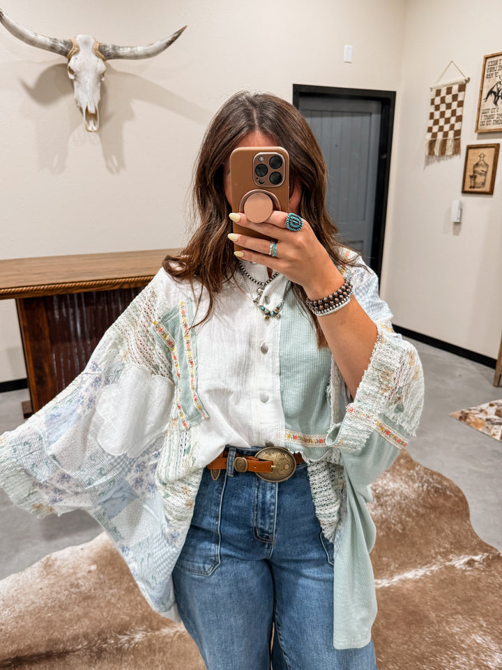 POL Georgi Patchwork Top: Sky Blue