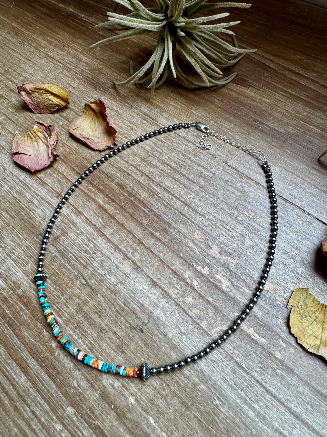 Spiny Oyster & Sterling Silver Pearl Choker - 14”