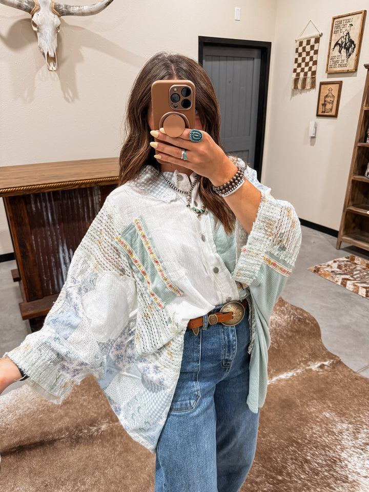 POL Georgi Patchwork Top: Sky Blue