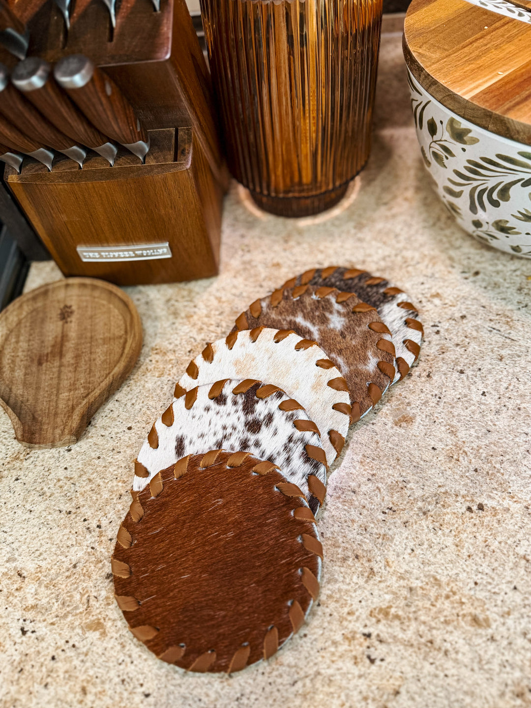 Cowhide Coaster Set: Tan