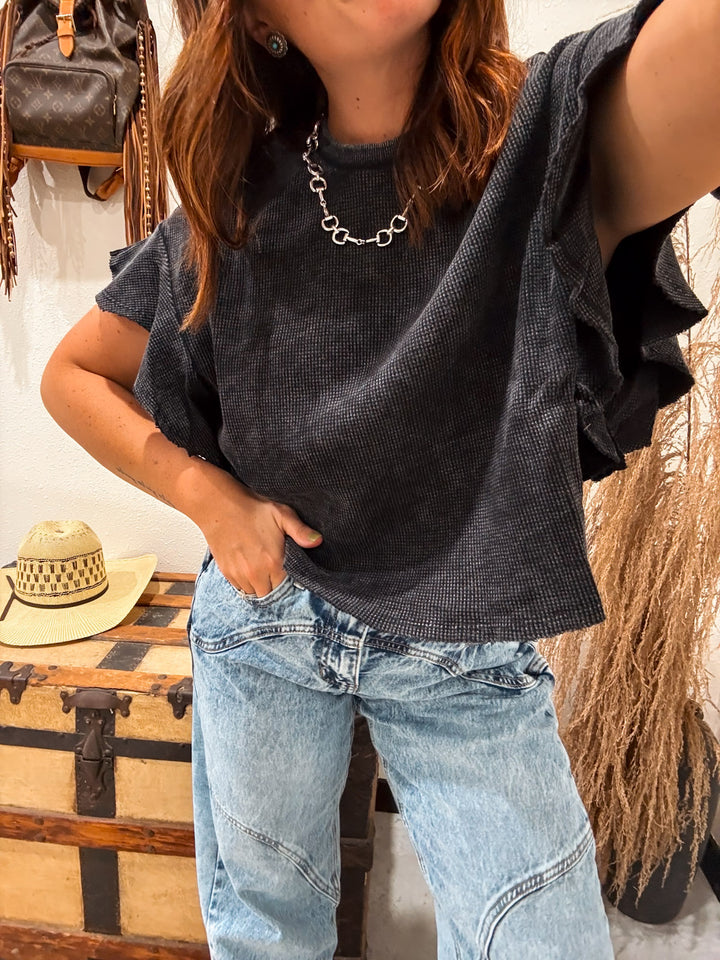 Charleston Waffle Knit Top: Black